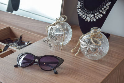 High angle view of glasses on table