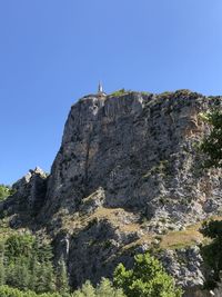 Low angle view of rocky mountain against sky