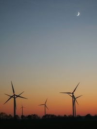 Wind turbines in field against clear sky