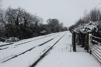 Snow covered landscape against clear sky