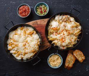 High angle view of breakfast served on table