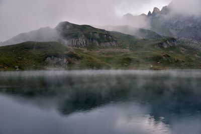 Scenic view of lake and mountains against sky