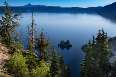 Scenic view of lake by trees against sky