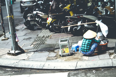 High angle view of man on street in city