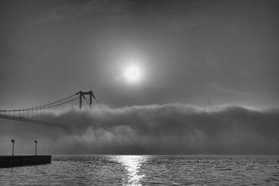 Silhouette bridge over sea against sky