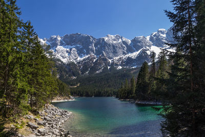 Scenic view of lake and mountains against sky