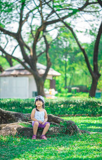 Portrait of a young woman sitting on tree