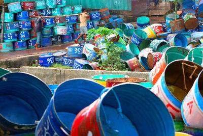 High angle view of colorful containers