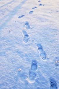 High angle view of footprints in snow