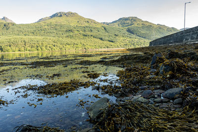 Scenic view of river amidst mountains against sky