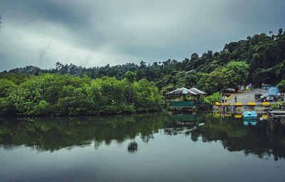 Scenic view of lake by trees against sky