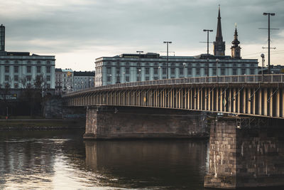 Bridge over river against cloudy sky