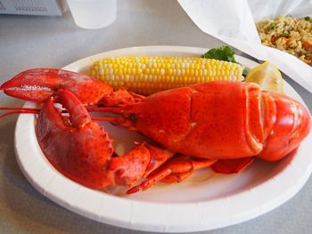 High angle view of tomato in plate on table