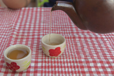 High angle view of tea cup on table