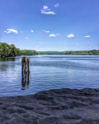 Scenic view of calm lake against blue sky