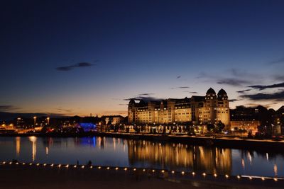 Reflection of buildings in water at sunset