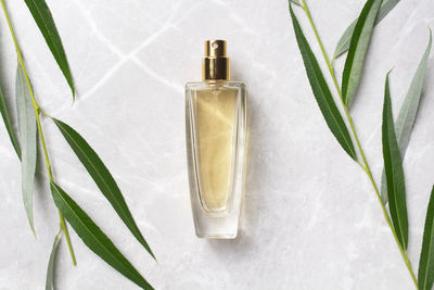 Close-up of beauty products against white background