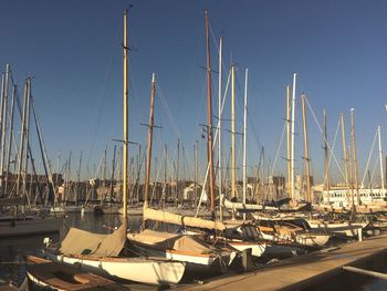 Sailboats moored in harbor against clear blue sky