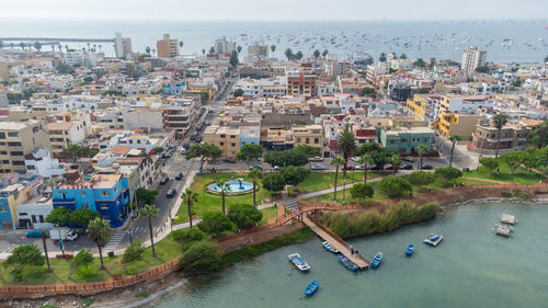 High angle view of buildings in city