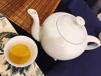 High angle view of tea cup on table