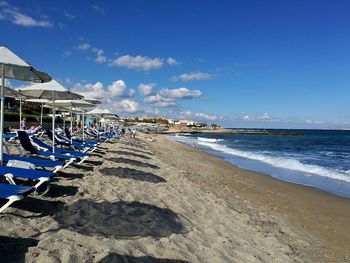 Scenic view of beach against blue sky