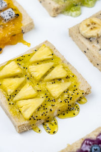 High angle view of breakfast served on table