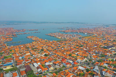 High angle view of buildings against sky