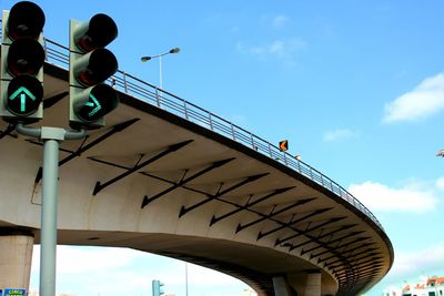 Low angle view of signal by bridge against sky
