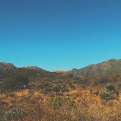 Scenic view of mountains against clear blue sky