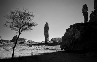 Low angle view of rock formation amidst trees against clear sky