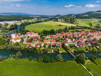 High angle view of townscape against sky