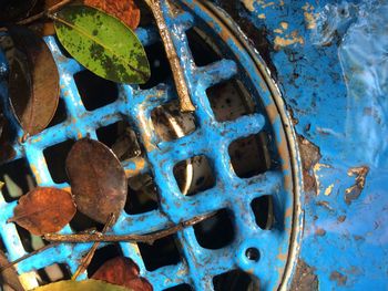High angle view of blue rusty metal