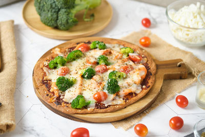 High angle view of pizza on table