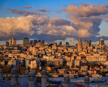 High angle view of cityscape against sky during sunset