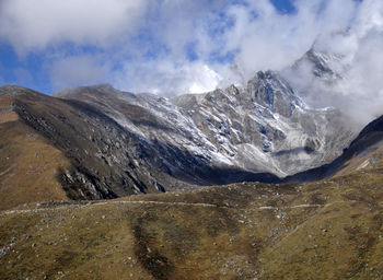 Scenic view of rocky mountains against clear blue sky