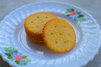 High angle view of cake in plate on table