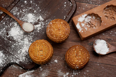 High angle view of cookies on table