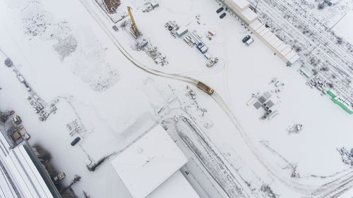 High angle view of snow covered field