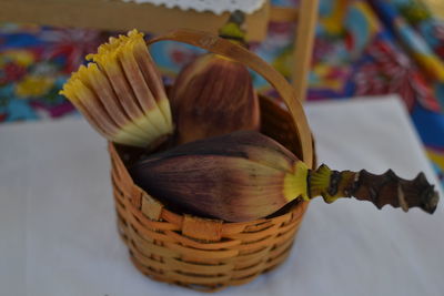 High angle view of vegetables in basket on table