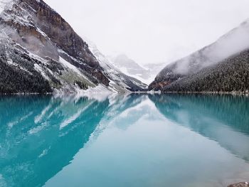 Scenic view of lake and snowcapped mountains against sky