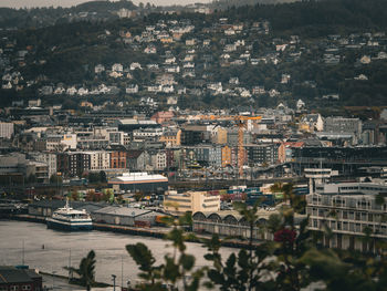 Moody view of houses on trondheim hillside