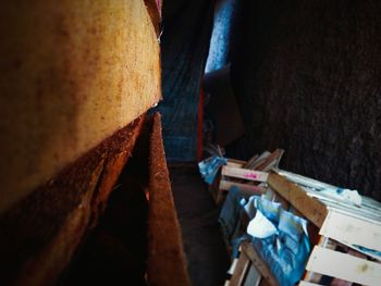 High angle view of books on wooden wall