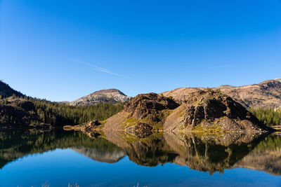 Scenic view of lake and mountains against clear blue sky