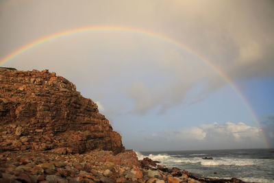 Scenic view of rainbow over sea against sky