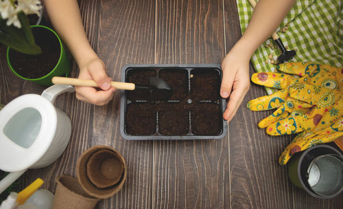 Cropped hands of person preparing food on table