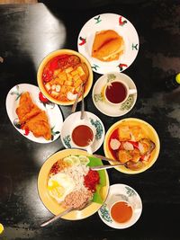 High angle view of breakfast served on table