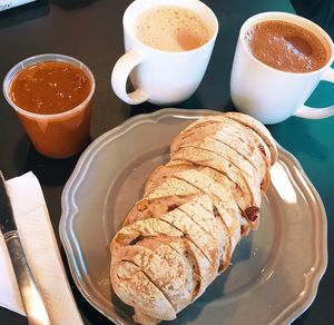 Close-up of breakfast served on table