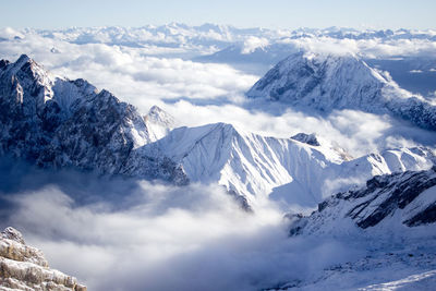 High angle view of snow capped mountains. dramatic