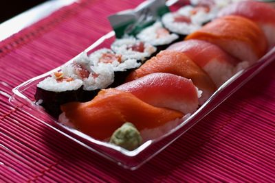 Close-up of sushi served in plate