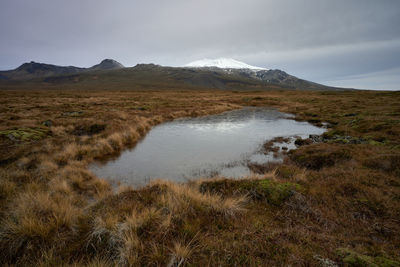 Small pond in valley with dry grass